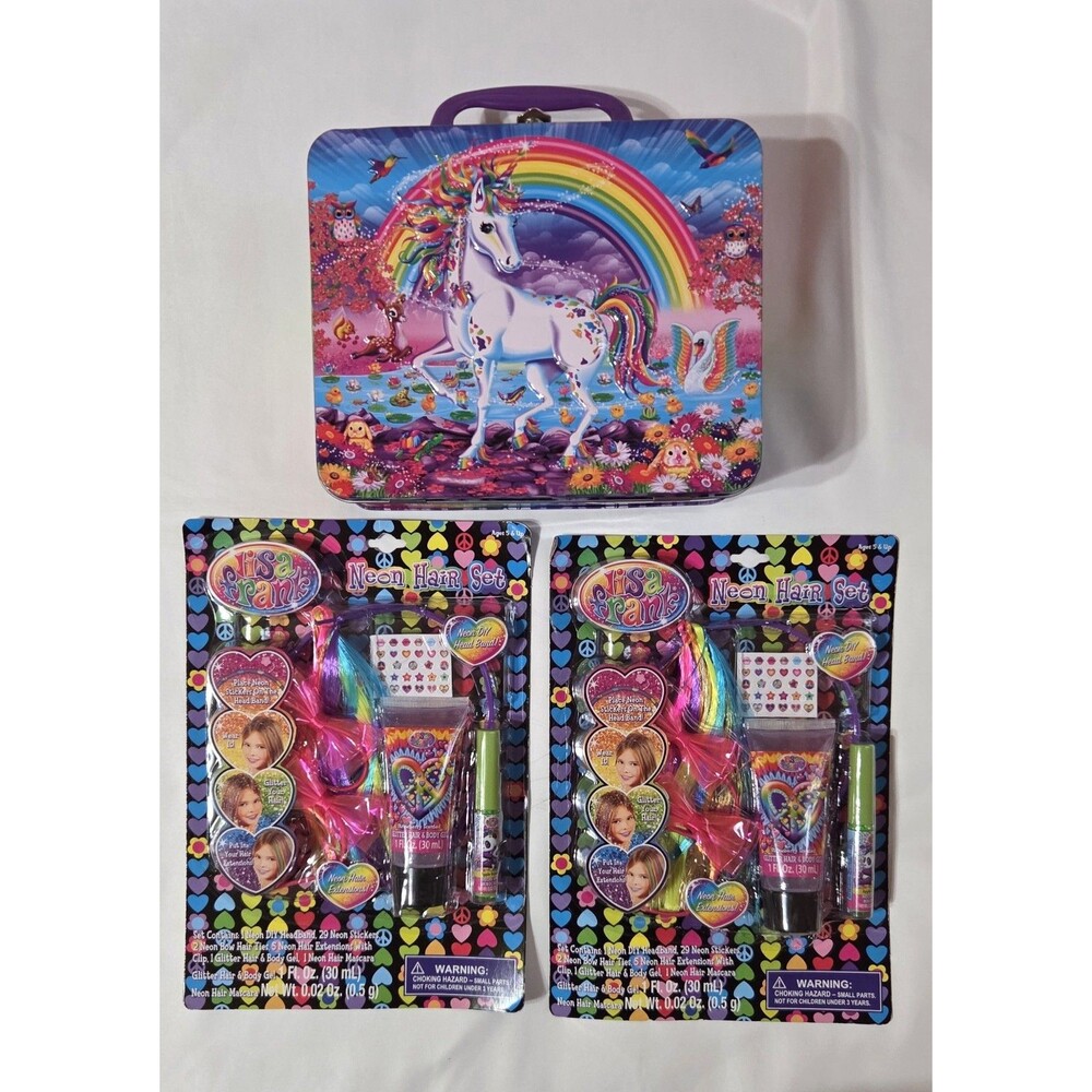 Lisa Frank Rainbow Unicorn Butterflies Embossed Metal Tin Lunchbox Neon Hair Set